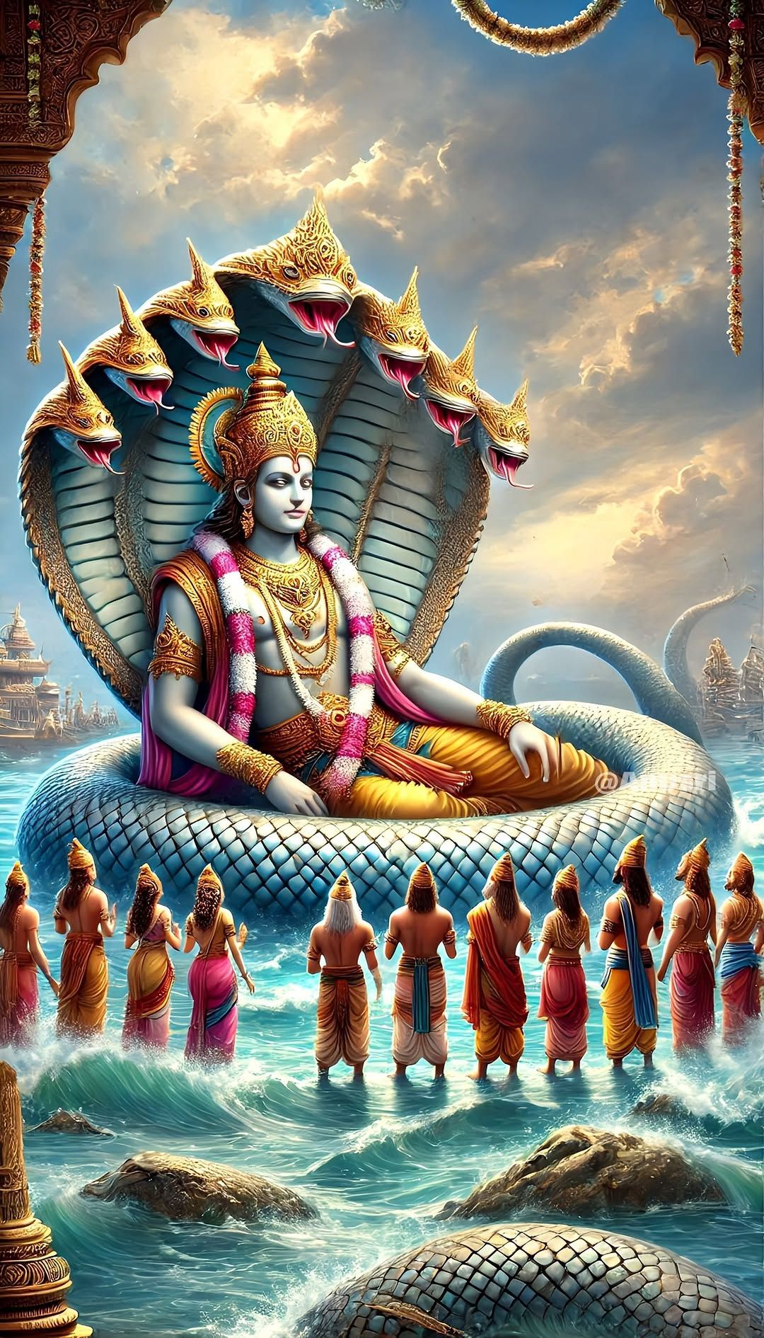 Krishna resting on Sheshnag, divine scene