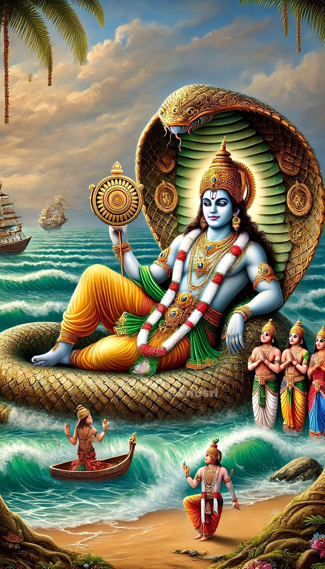 Krishna resting on Sheshnag\'s coils