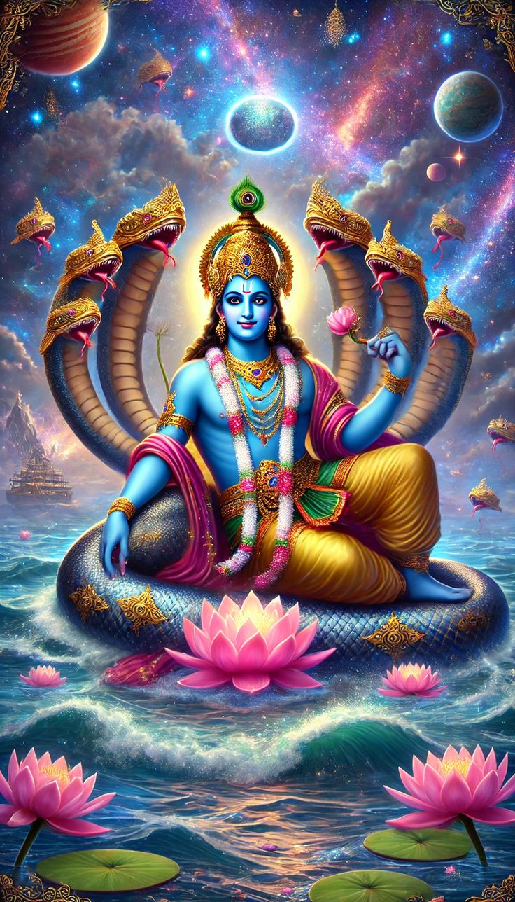 Vishnu rests on Sheshnag, cosmic ocean