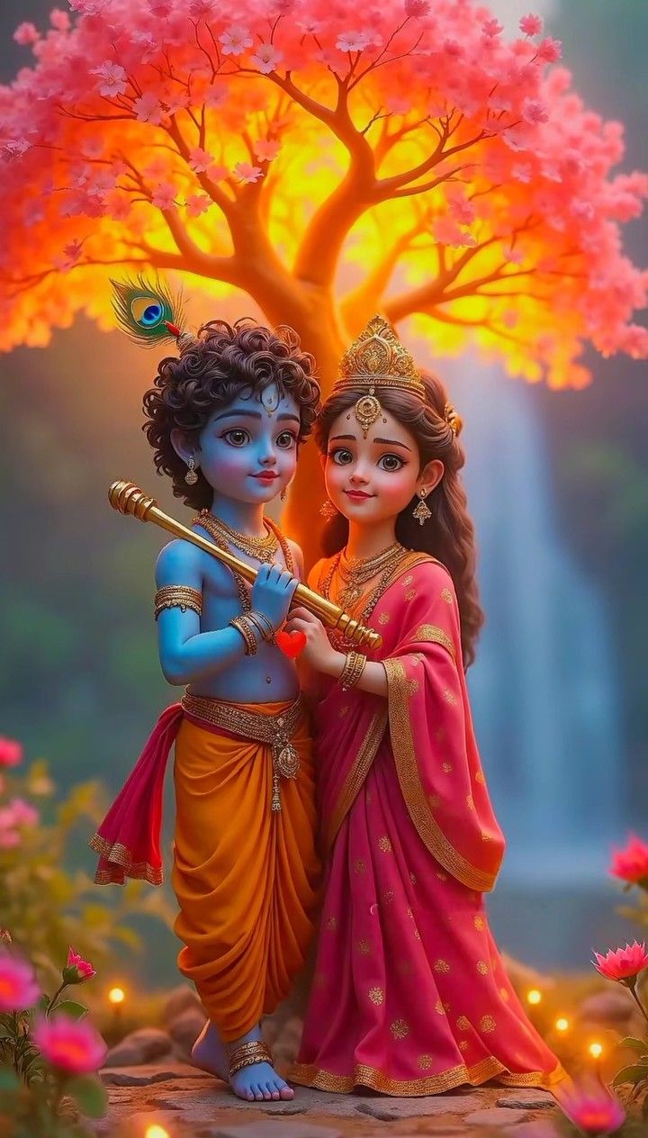 Krishna and Radha under blossom tree