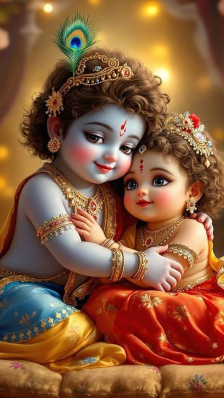 Baby Krishna and sibling in embrace