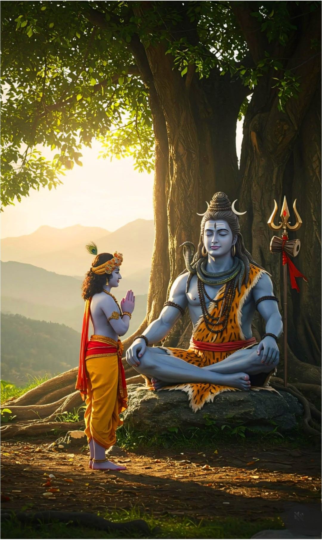 Krishna prays to Lord Shiva under tree