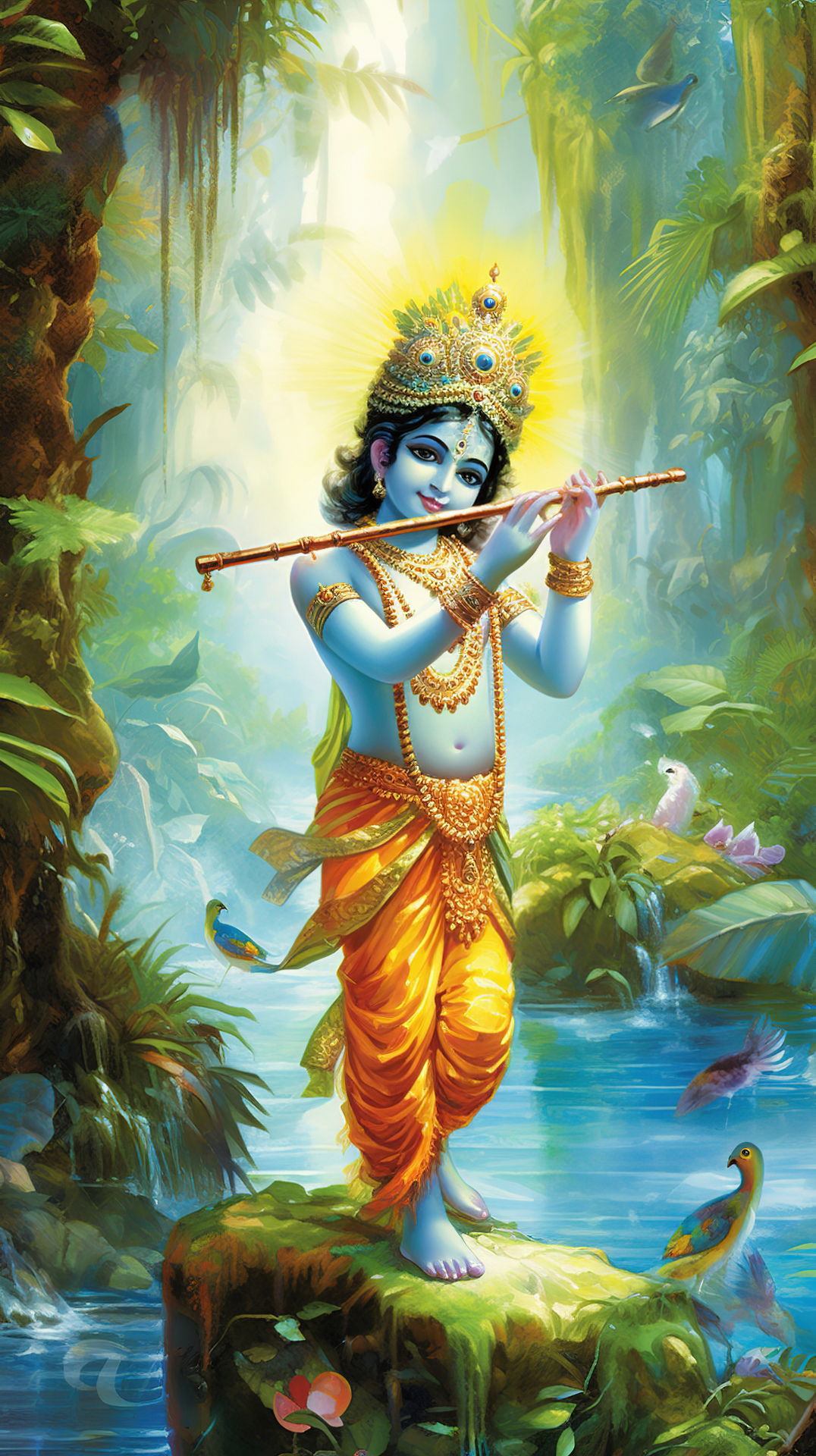 Krishna playing flute in forest