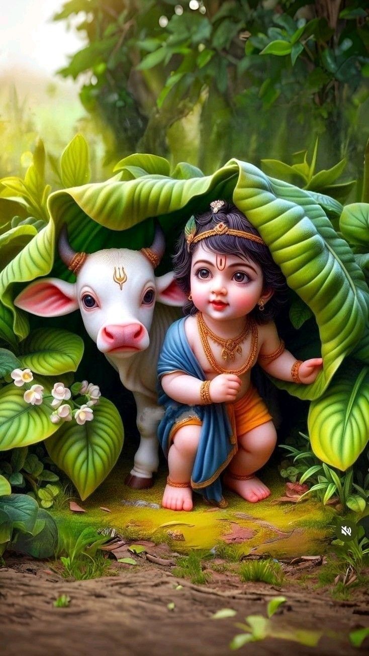 Baby Krishna with a white calf.
