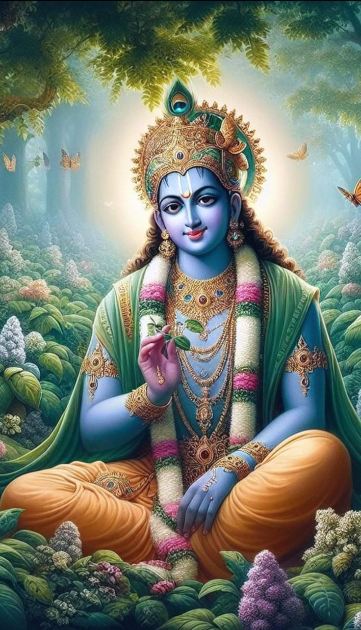 Krishna playing flute in forest