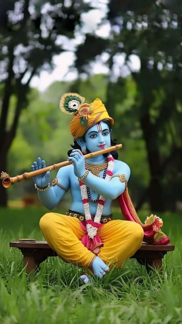 Krishna playing flute in garden