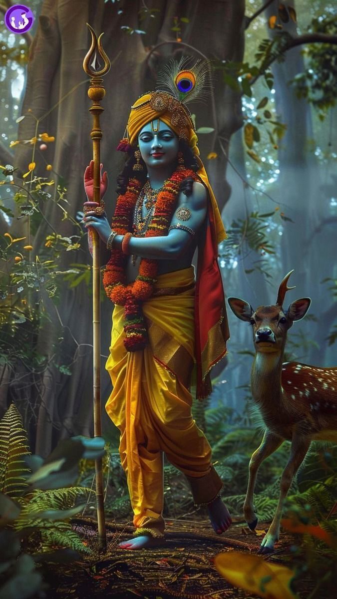 Krishna with flute in forest