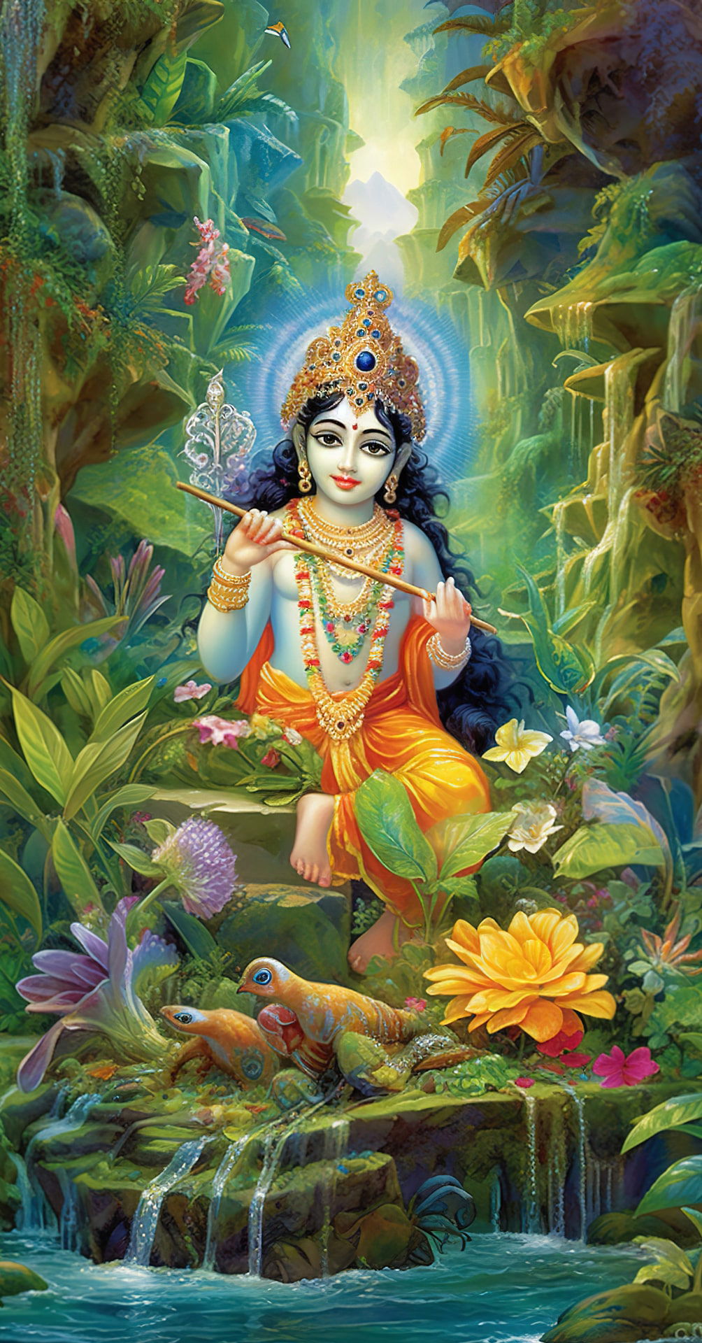 Krishna playing flute in forest