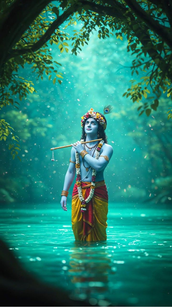 Krishna playing flute in forest