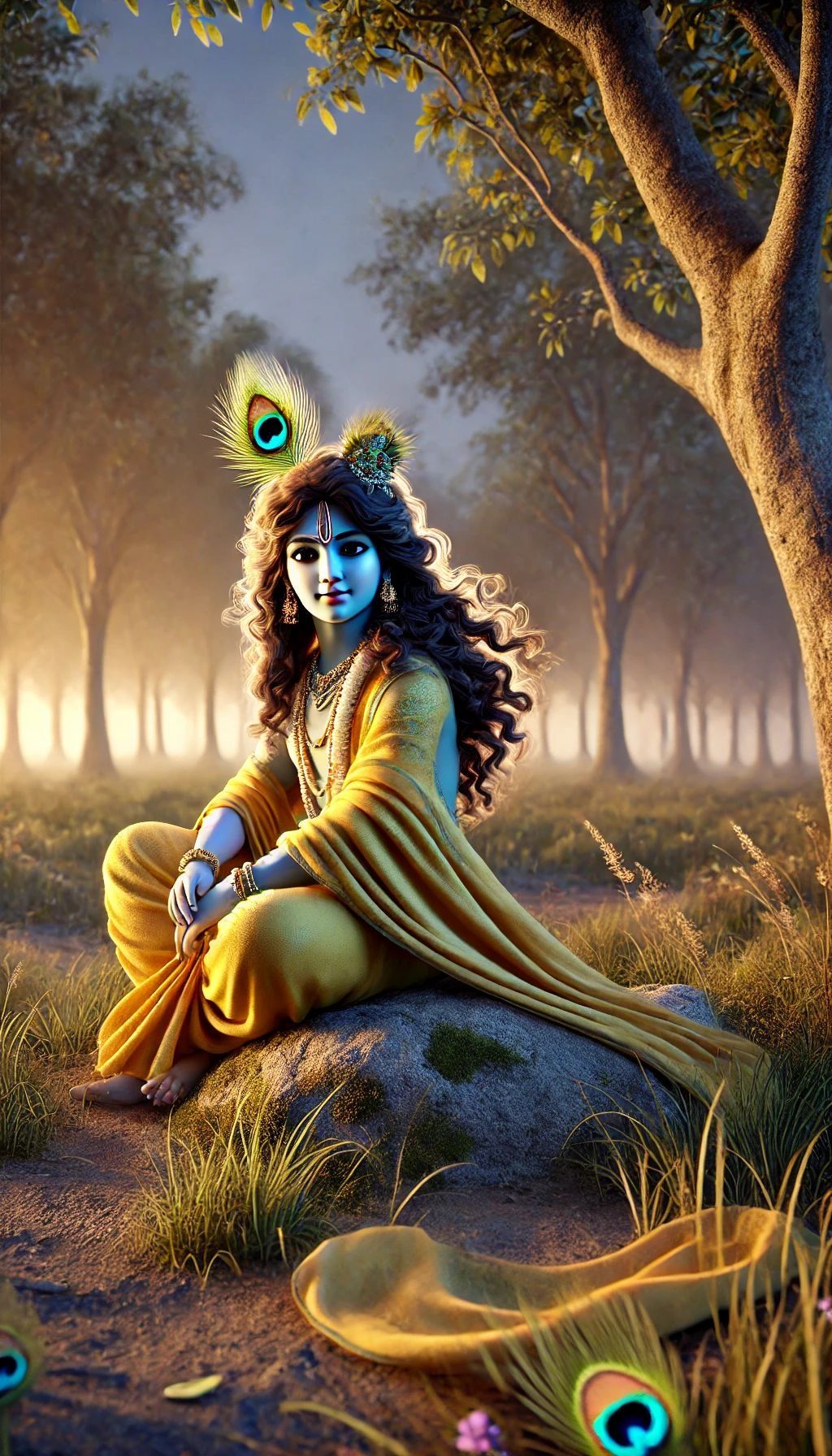 Lord Krishna sits peacefully in forest