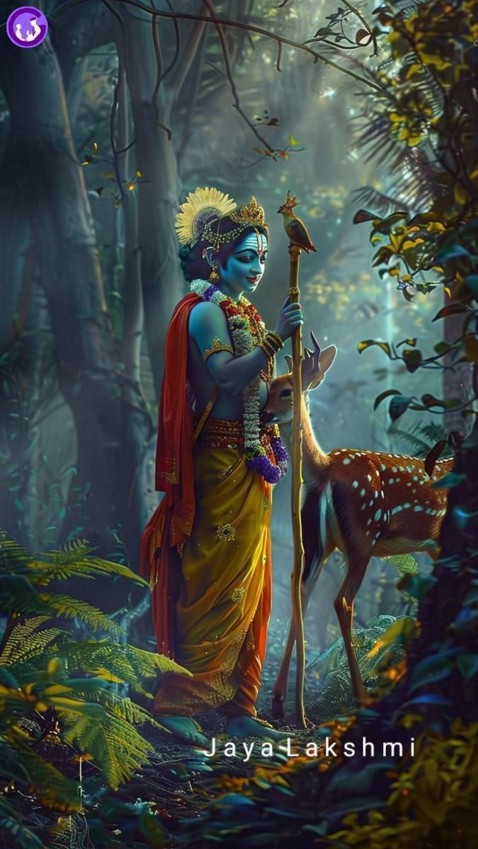 Krishna in lush forest with deer.