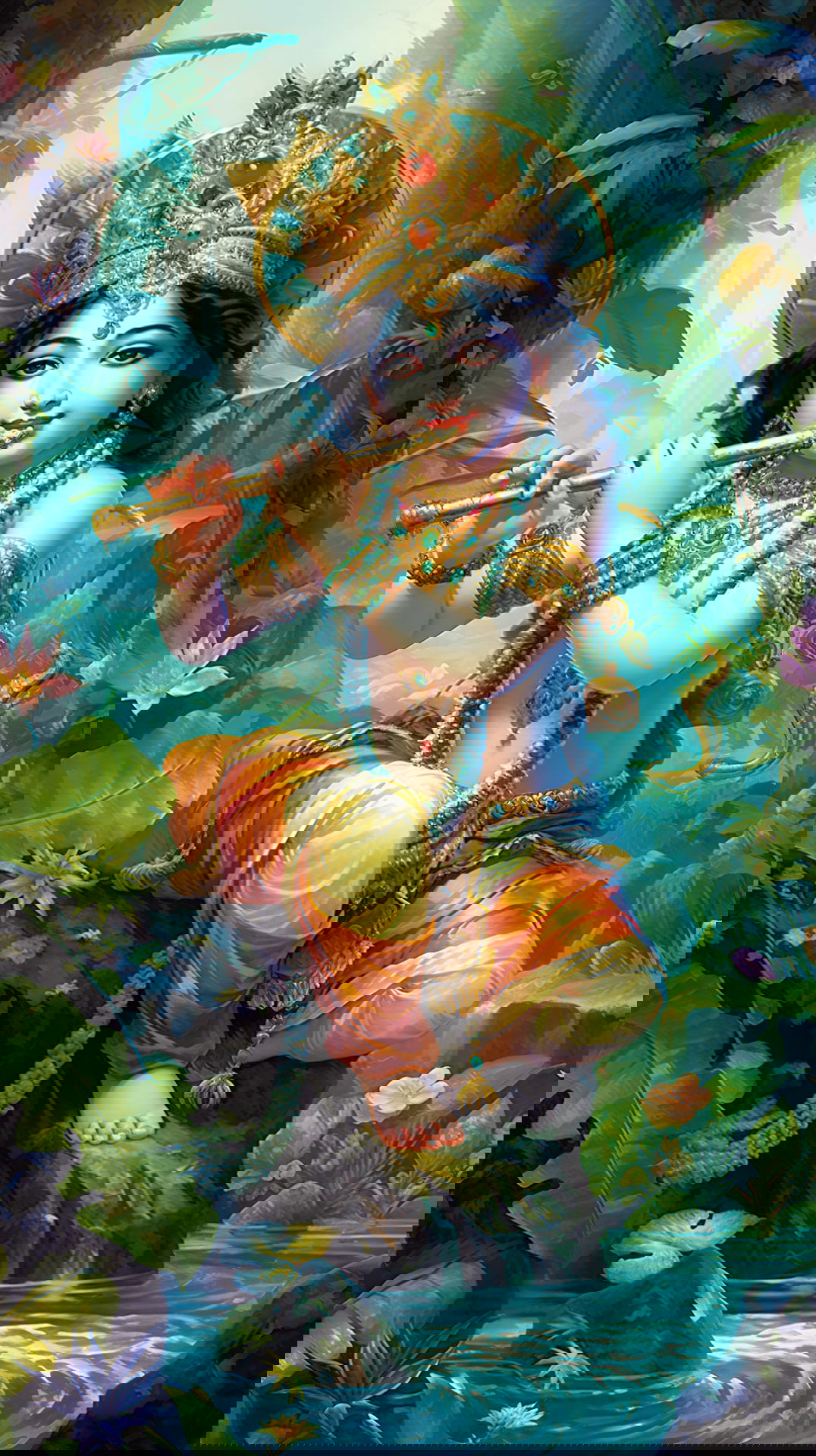 Krishna playing flute in forest