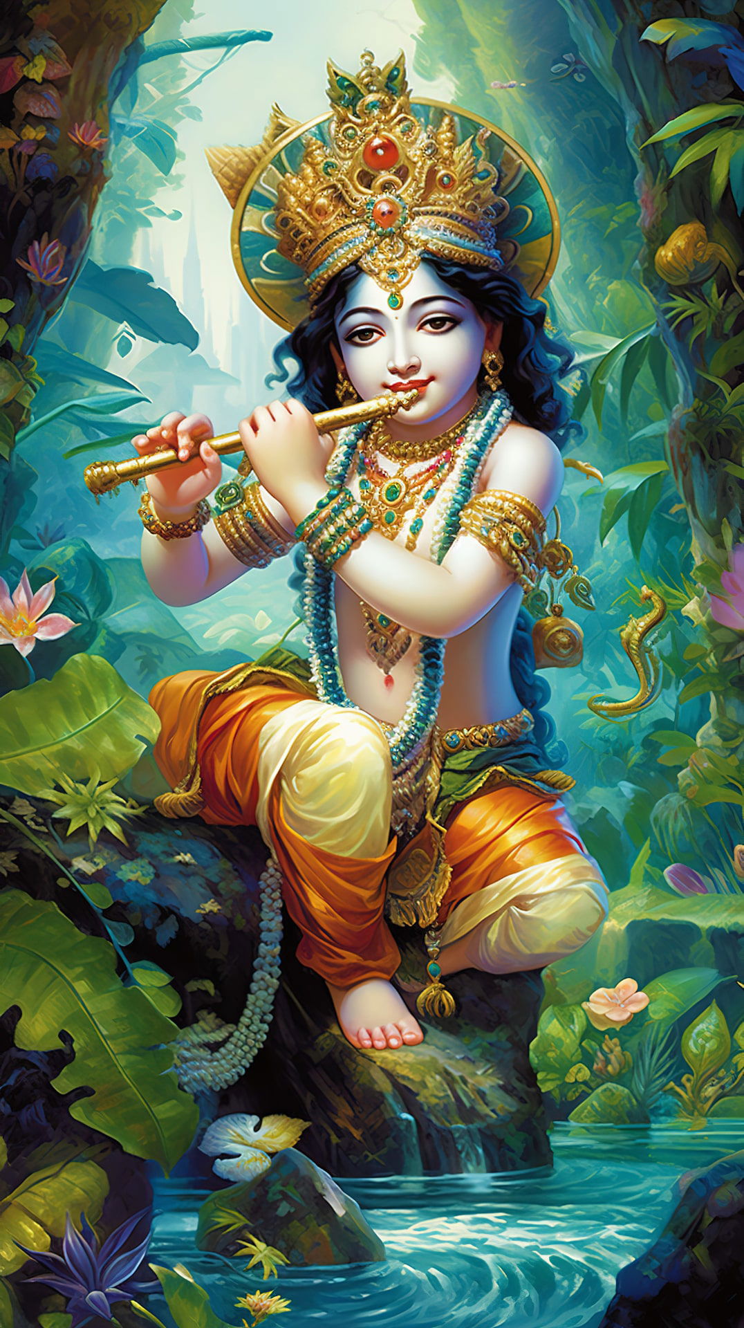 Krishna playing flute in forest
