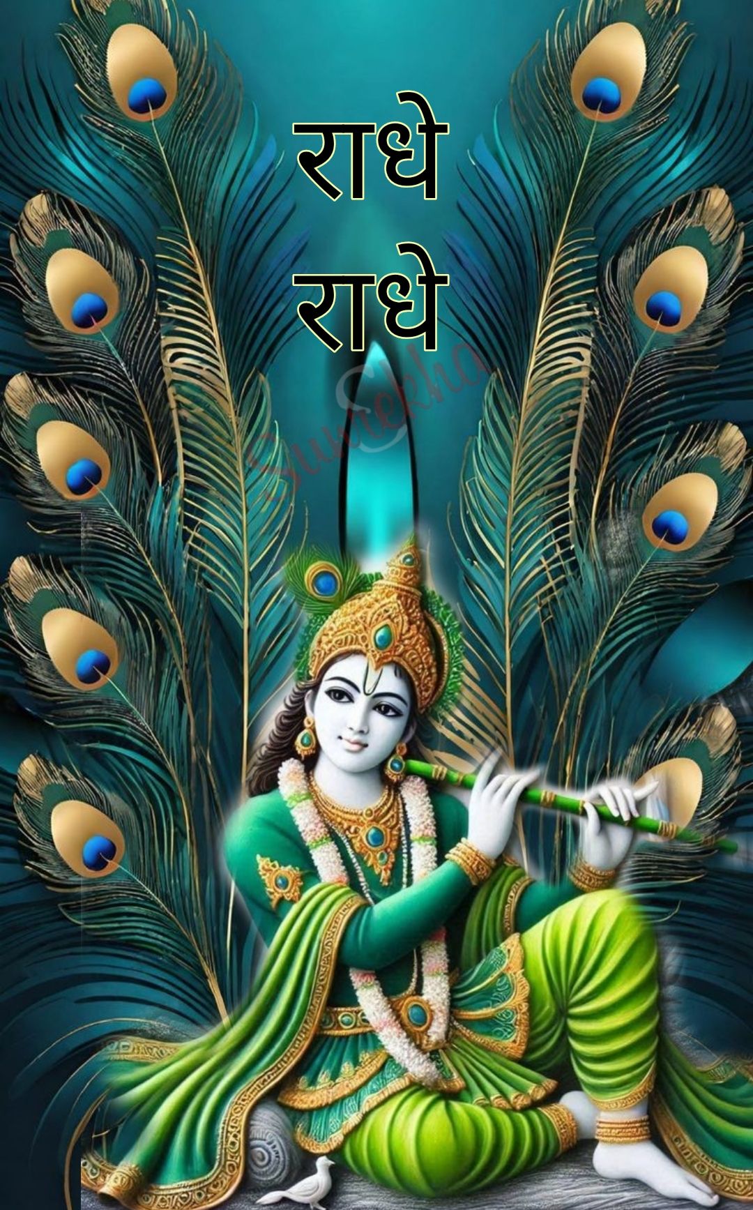 Krishna playing flute surrounded by feathers