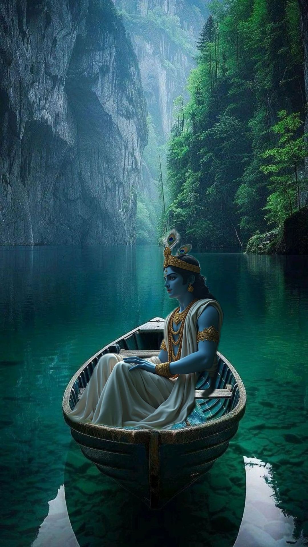 Krishna sailing on a serene lake