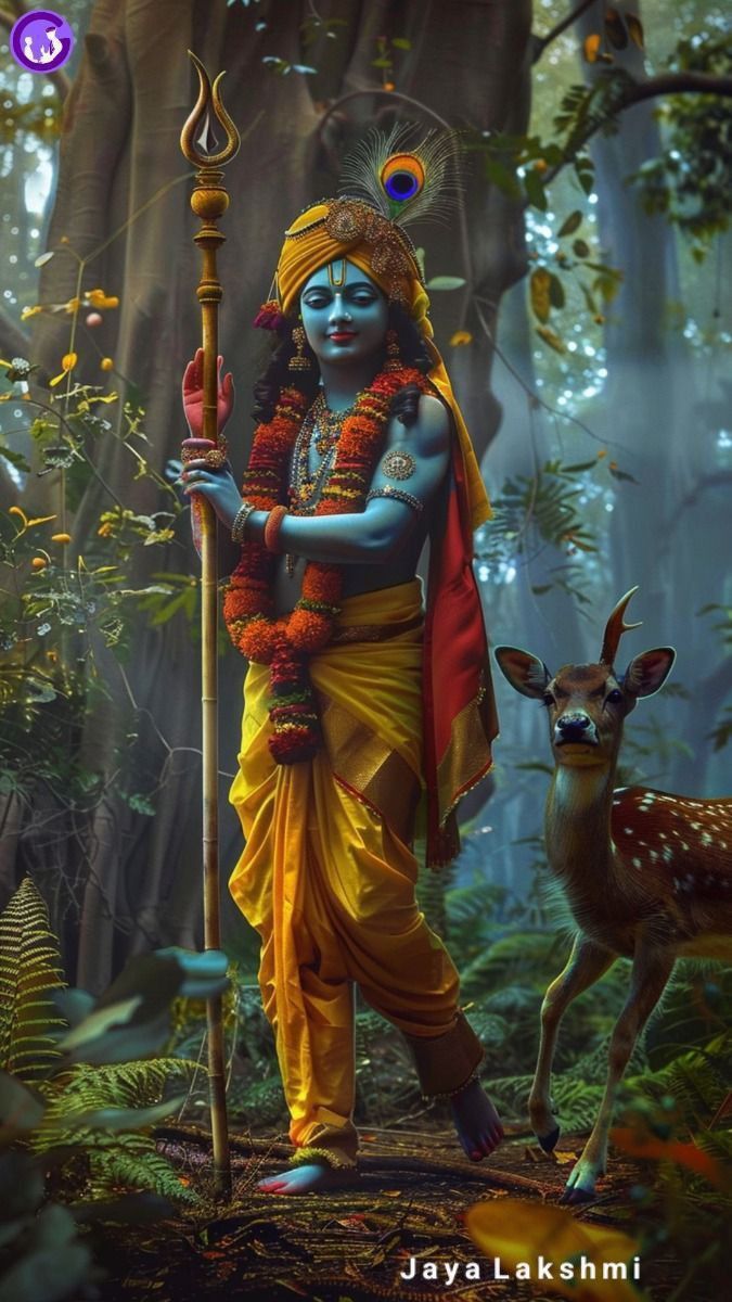 Lord Krishna in enchanted forest scene