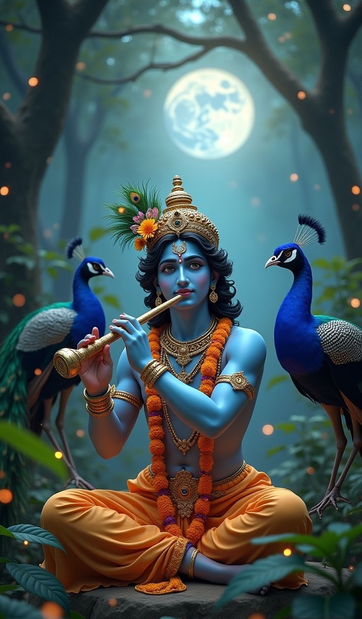 Krishna playing flute in a forest.