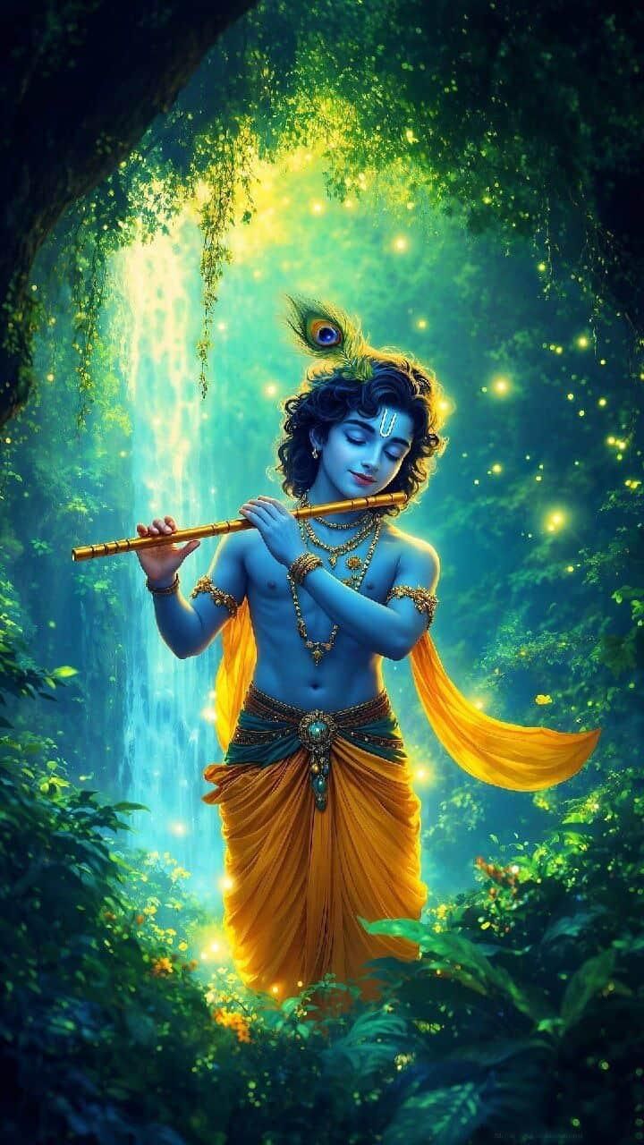 Krishna playing flute in lush forest
