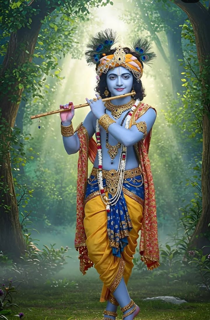 Krishna playing flute in forest