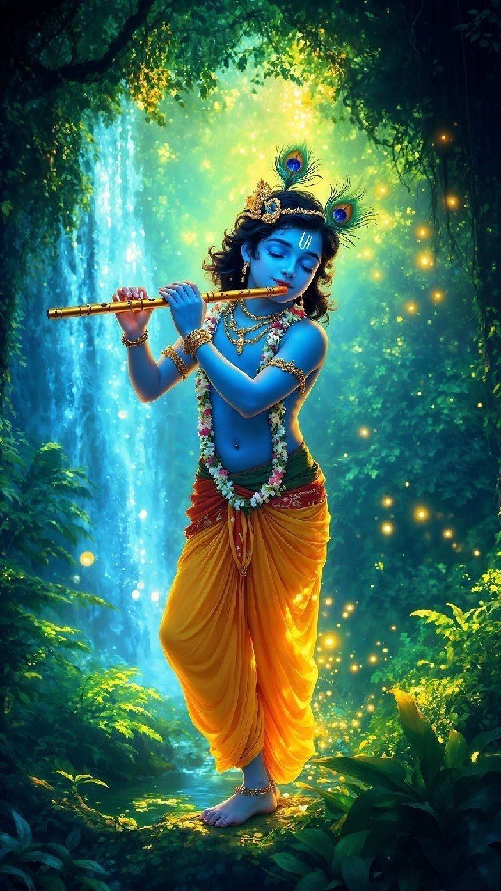 Krishna plays flute in lush forest