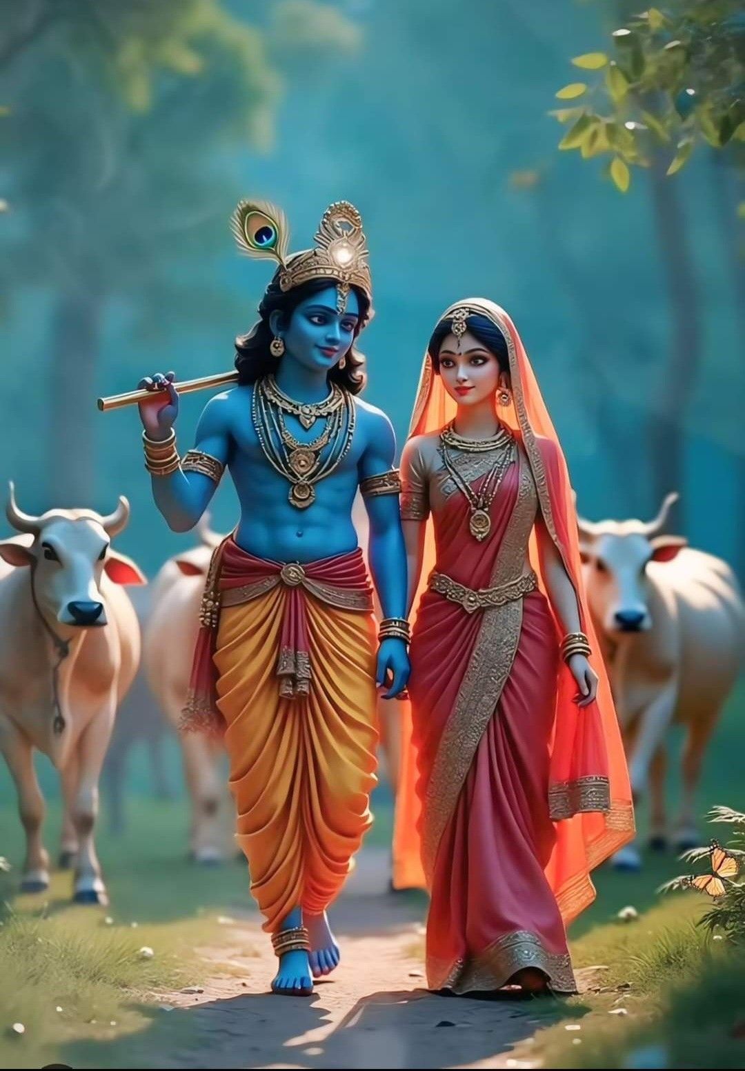 Krishna and Radha walking in Vrindavan forest
