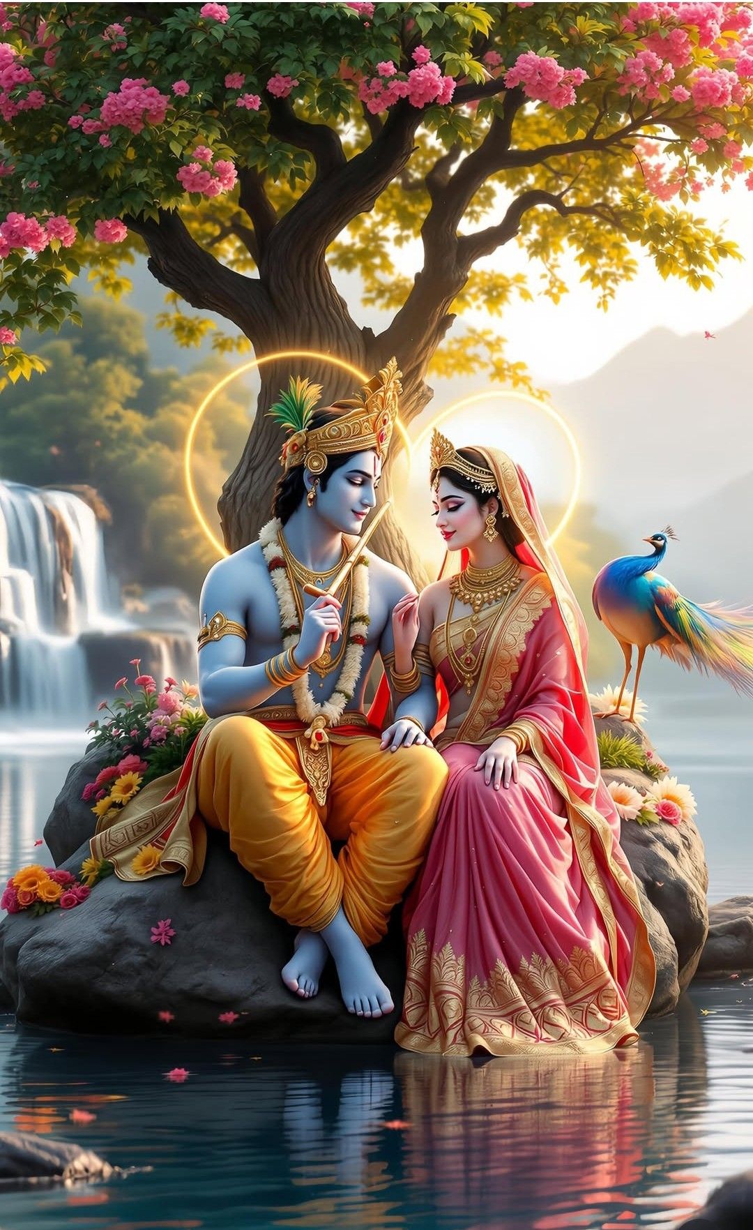 Krishna and Radha by the waterfall