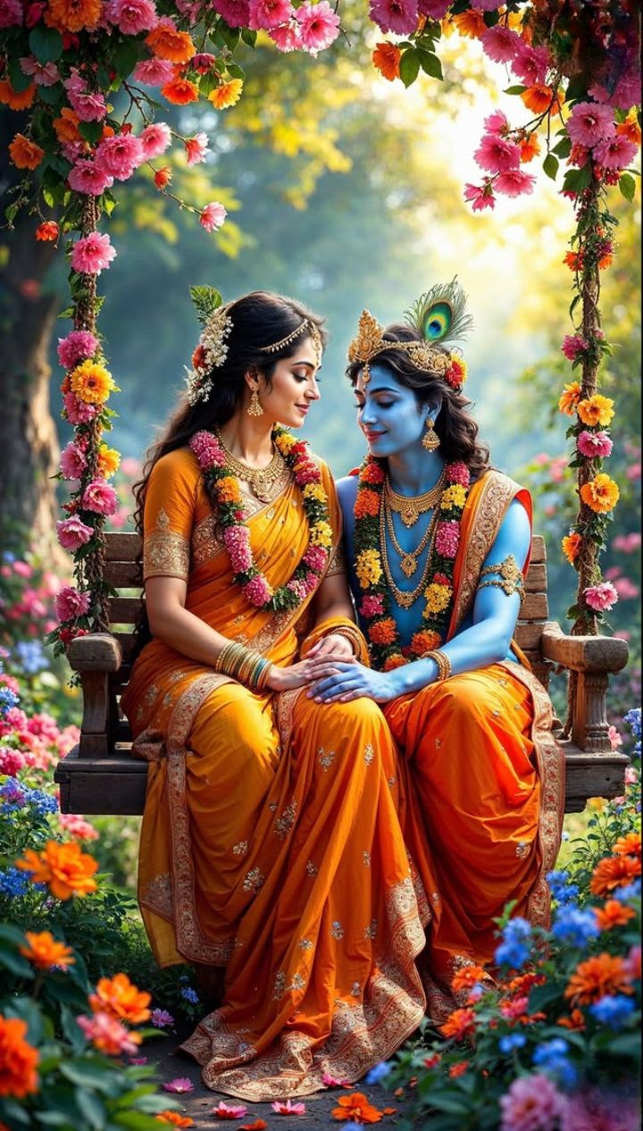 Krishna and Radha on a flower swing