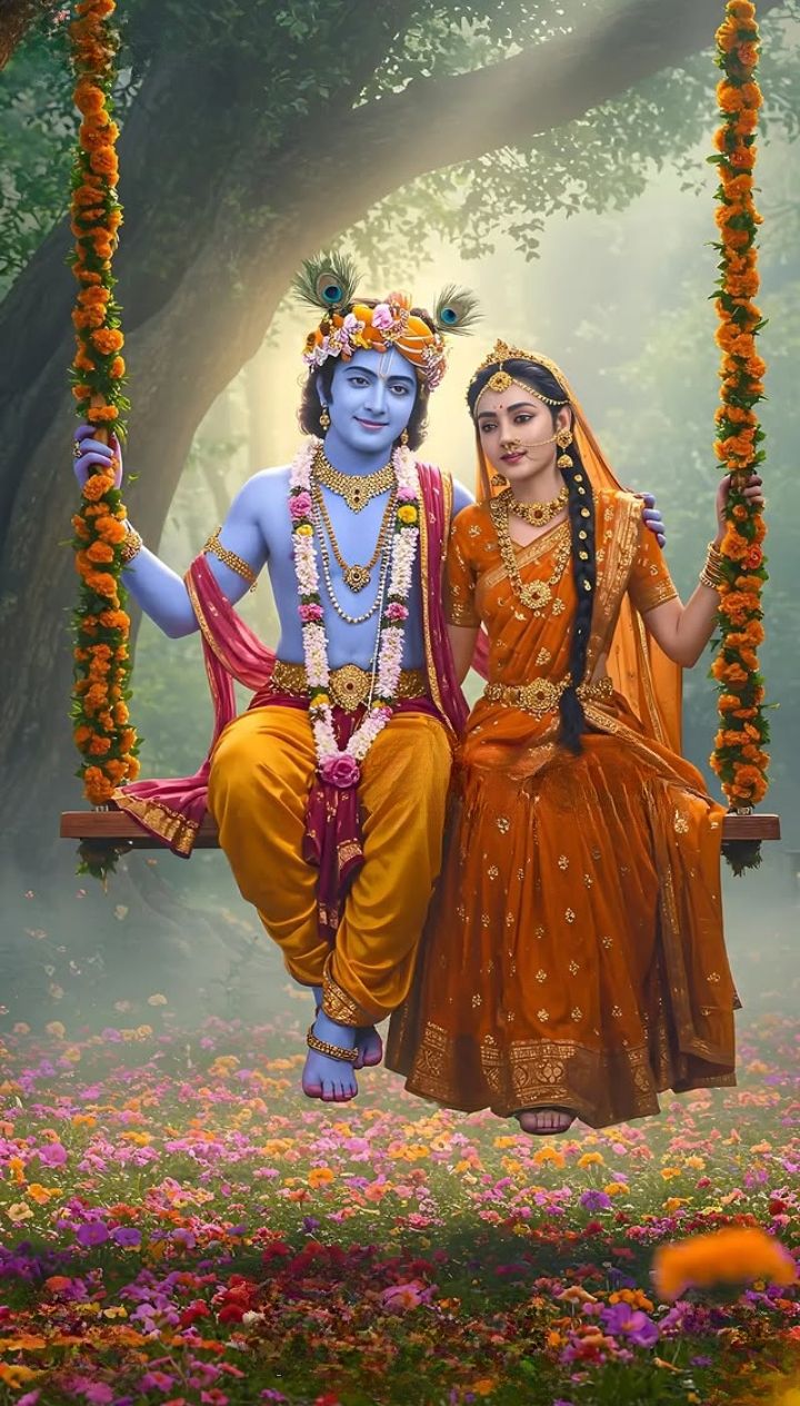 Krishna and Radha on a floral swing