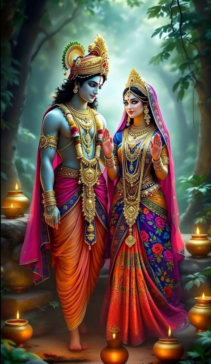 Krishna and Radha in a forest setting