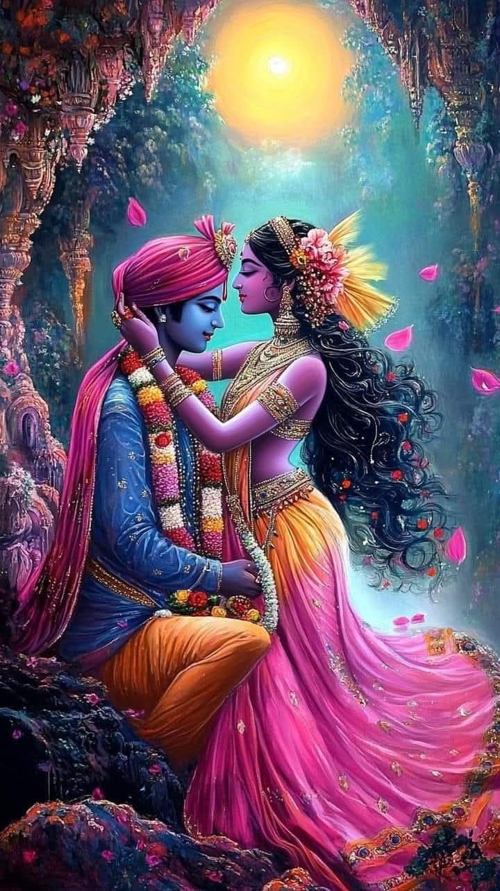 Krishna and Radha\'s tender embrace.