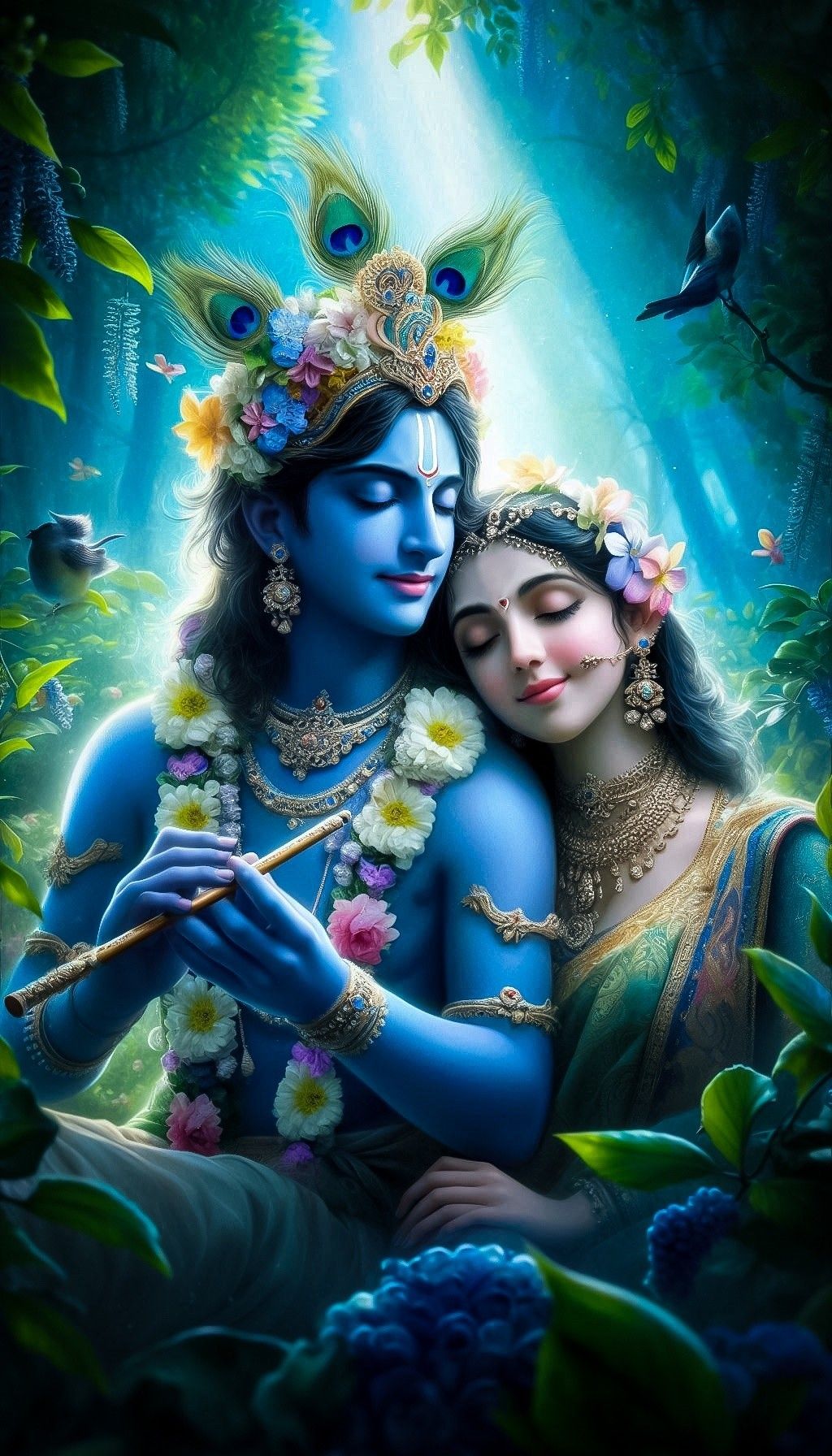 Krishna and Radha in a forest embrace