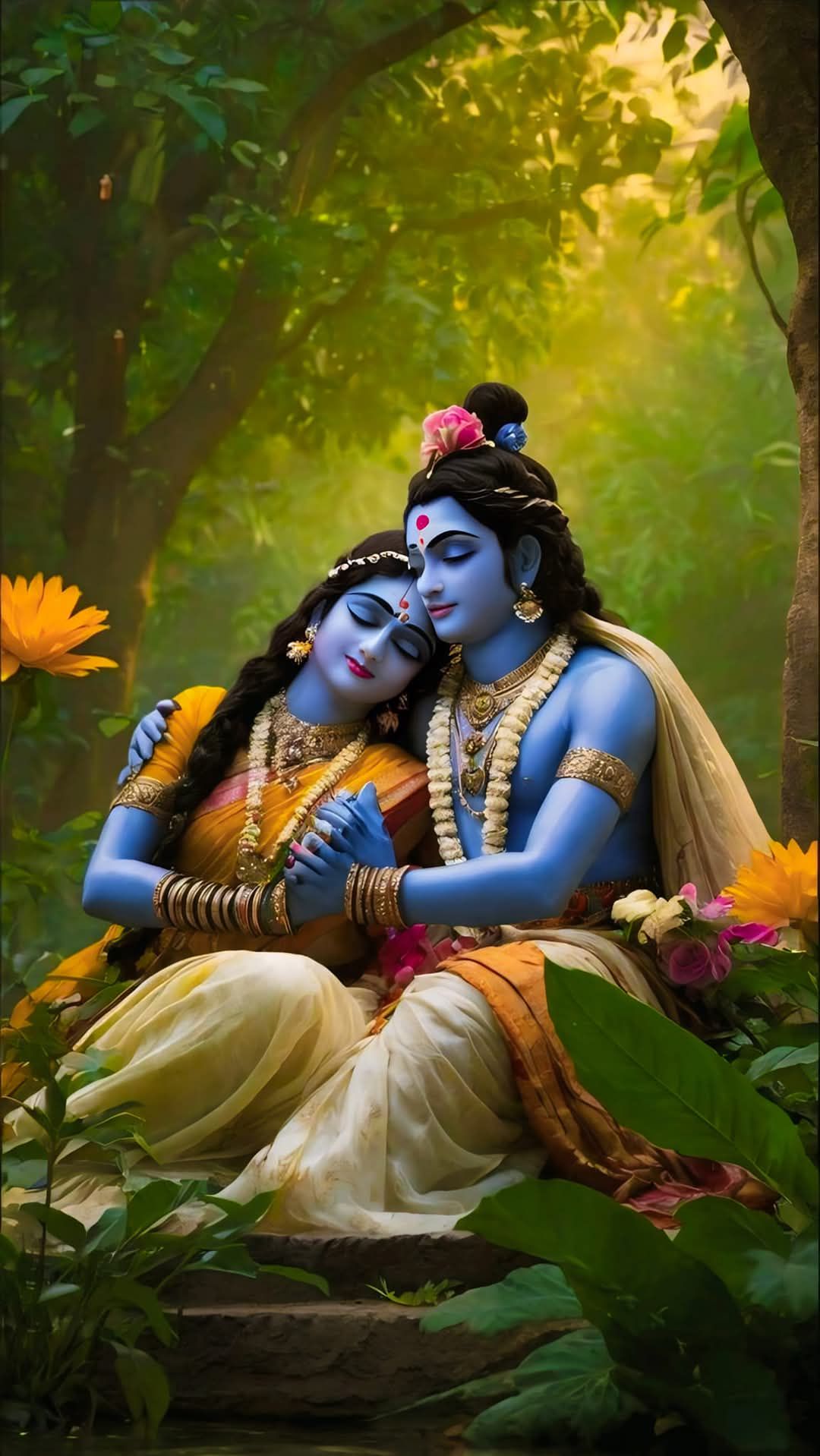 Krishna and Radha in a forest embrace