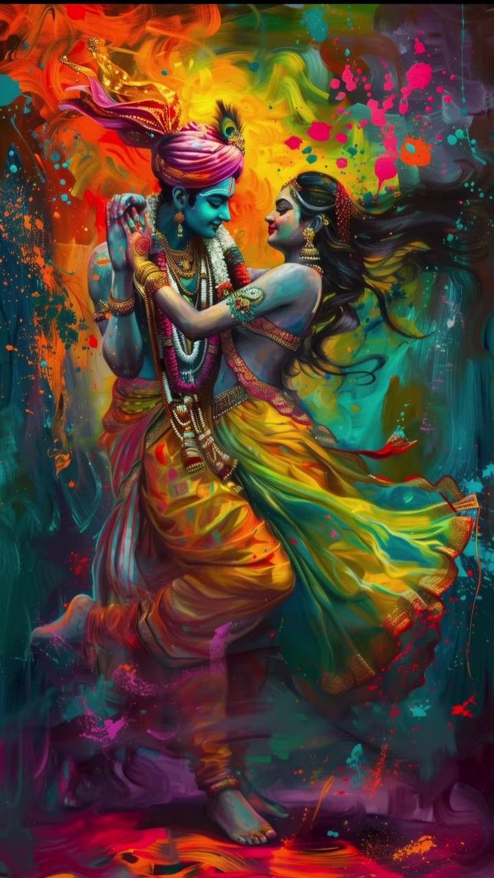 Krishna Radha dancing in vibrant colors