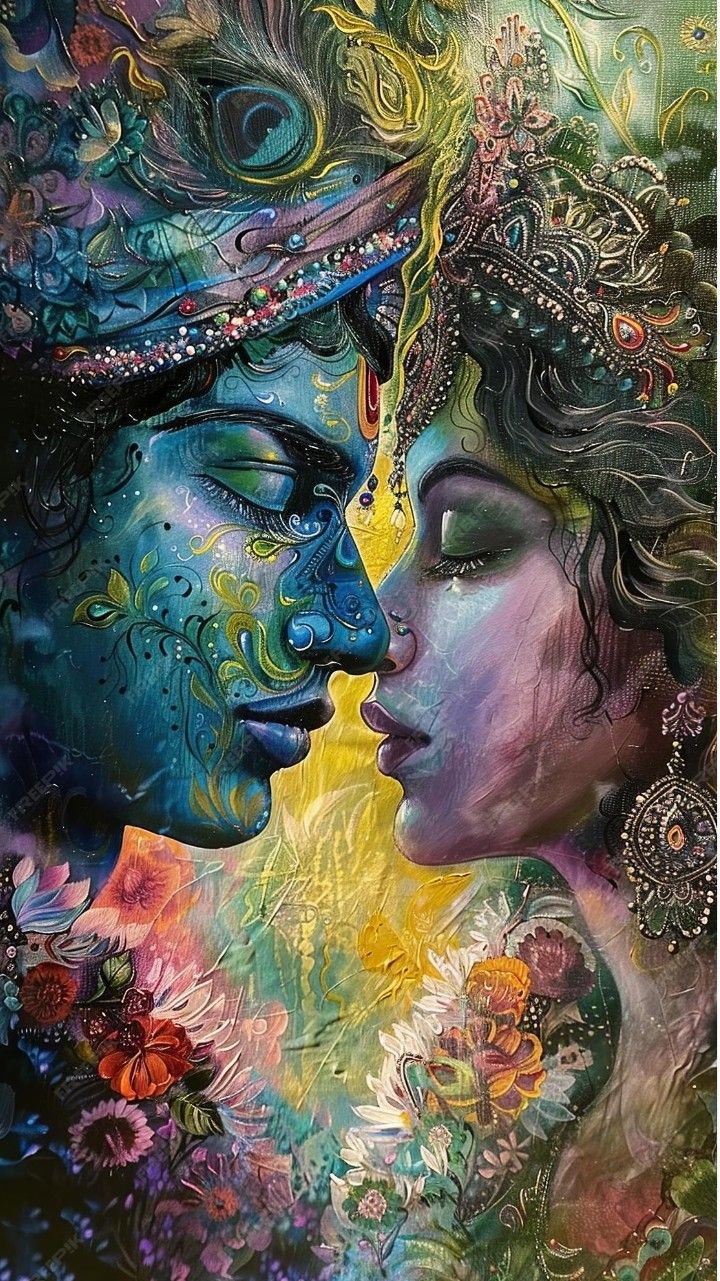 Radha and Krishna divine loving embrace