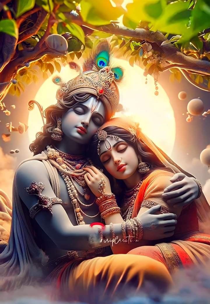 Krishna and Radha in loving embrace.