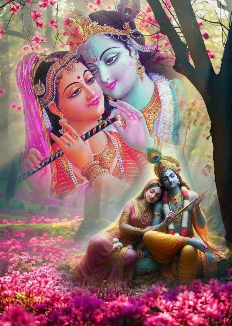 Krishna and Radha in a floral setting