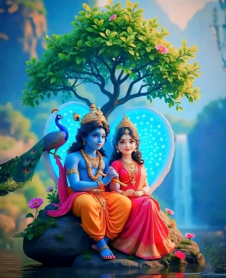 Krishna and Radha under a lotus tree