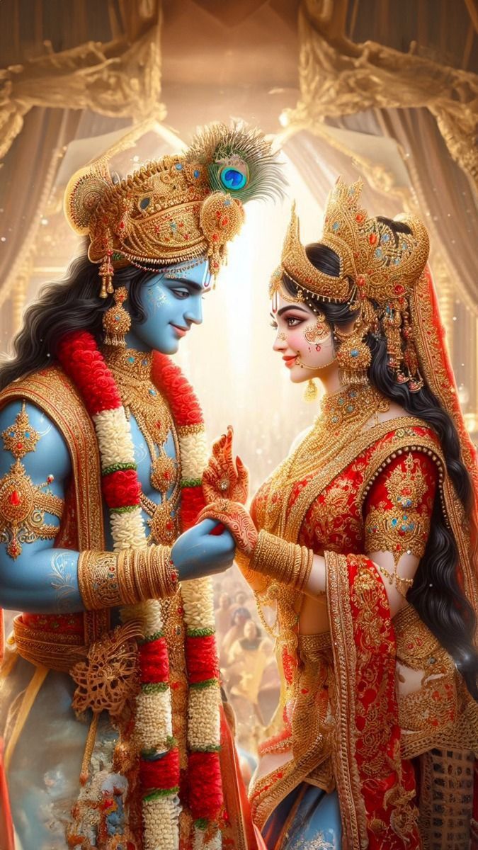 Krishna and Radha holding hands.
