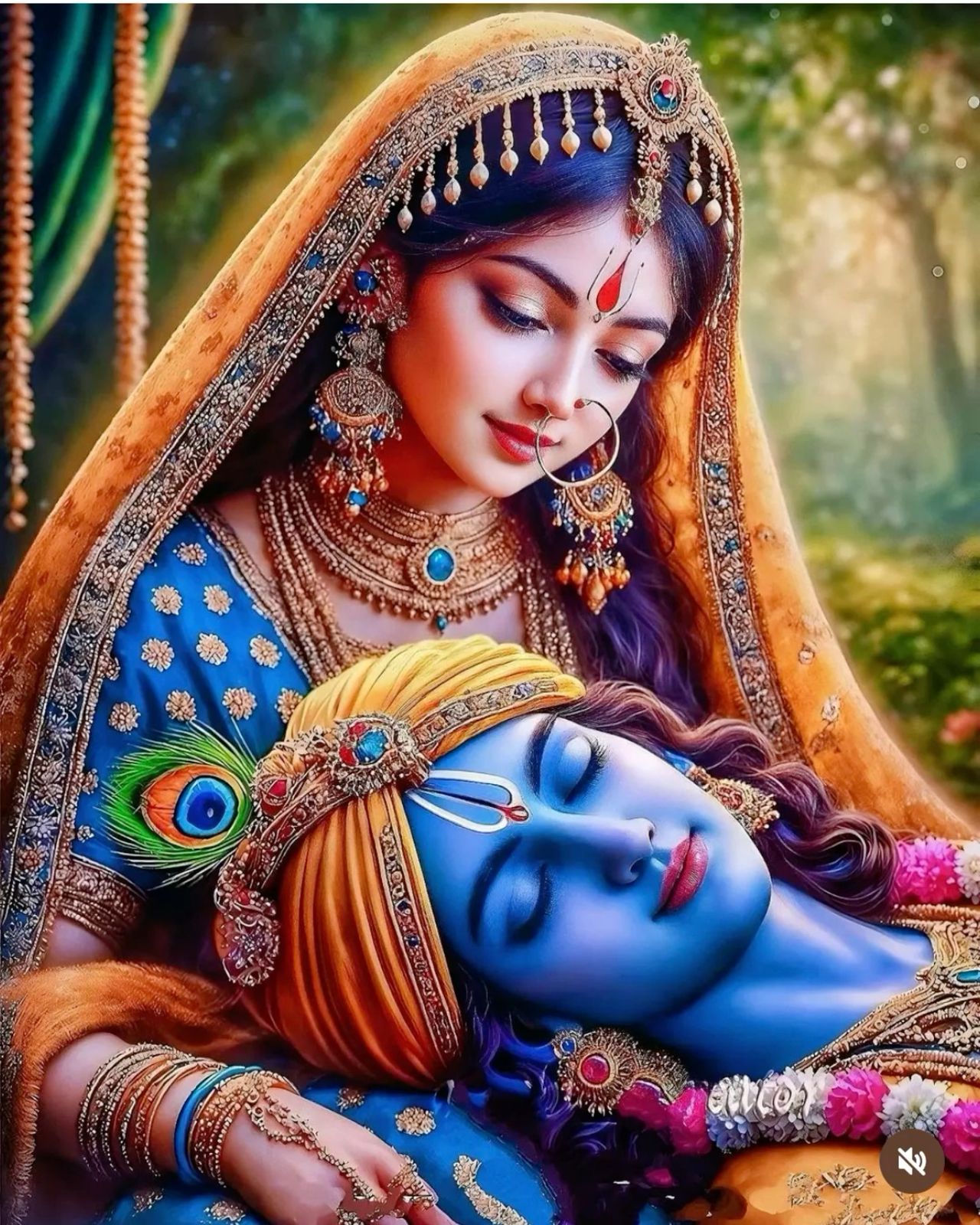 Radha and Krishna in loving embrace