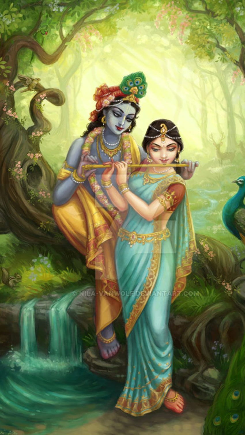 Krishna and Radha in a forest setting