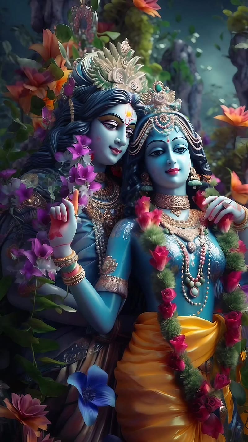 Krishna and Radha amidst colorful flowers