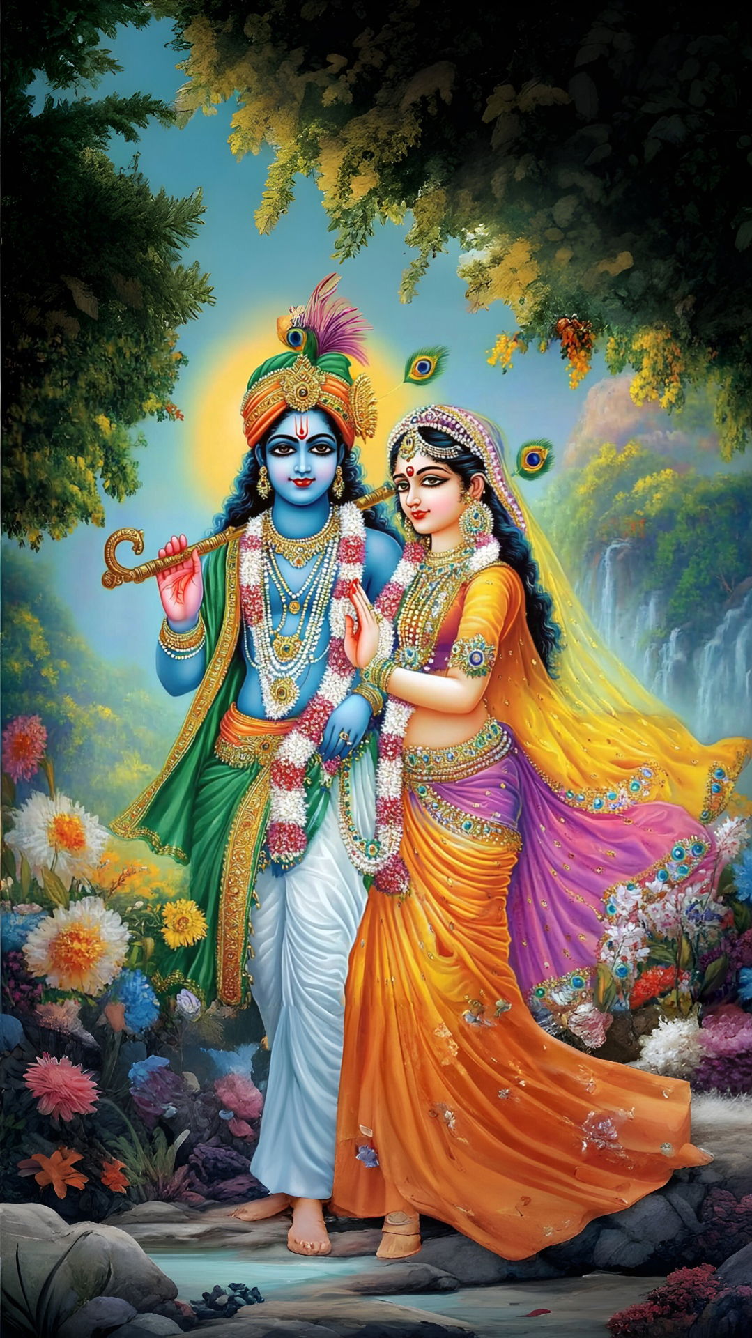Krishna and Radha in a forest setting