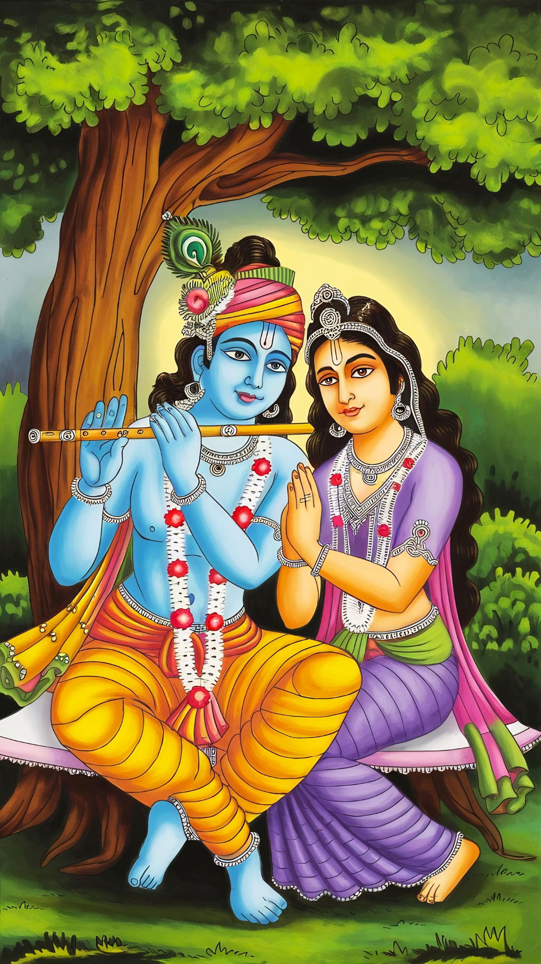 Krishna and Radha in a lush forest
