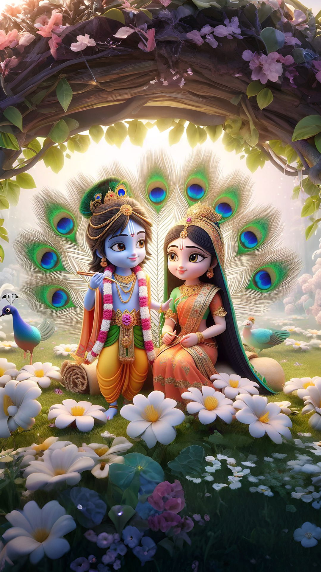 Krishna and Radha in a floral setting