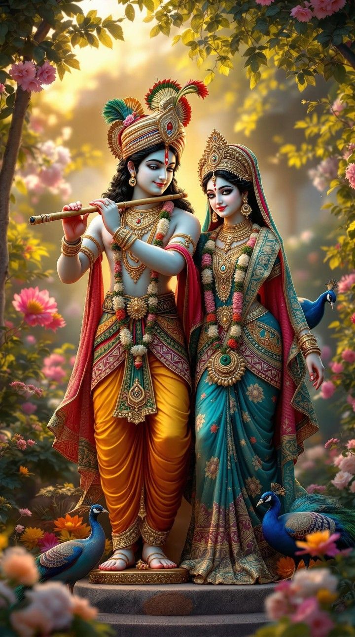 Krishna and Radha in a floral setting.