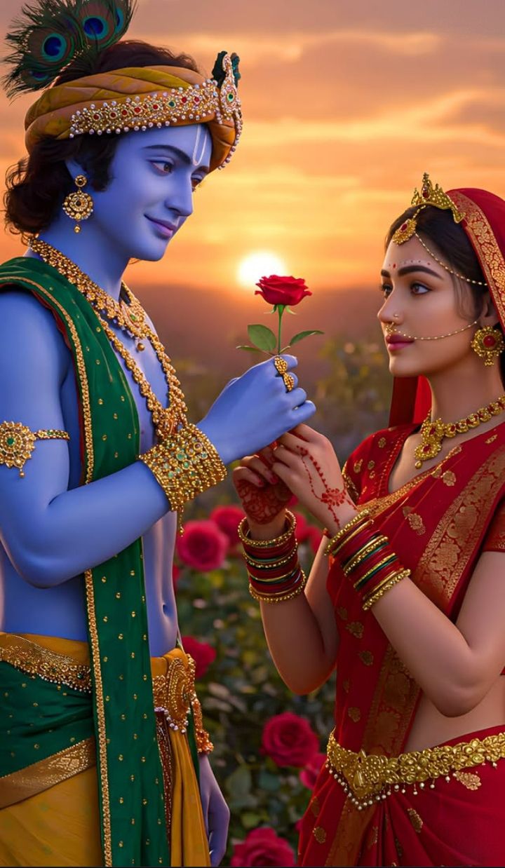 Krishna and Radha share a loving moment.