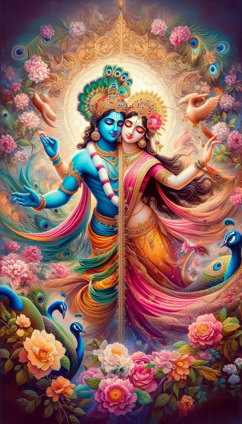 Krishna and Radha in a floral embrace