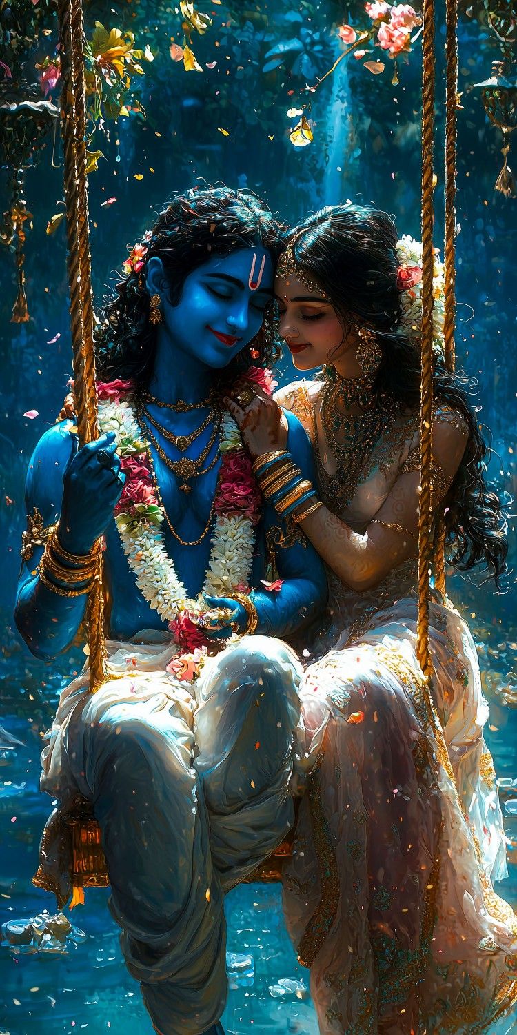 Krishna and Radha on a floral swing
