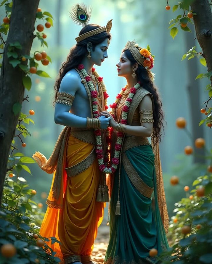 Krishna and Radha in a forest setting