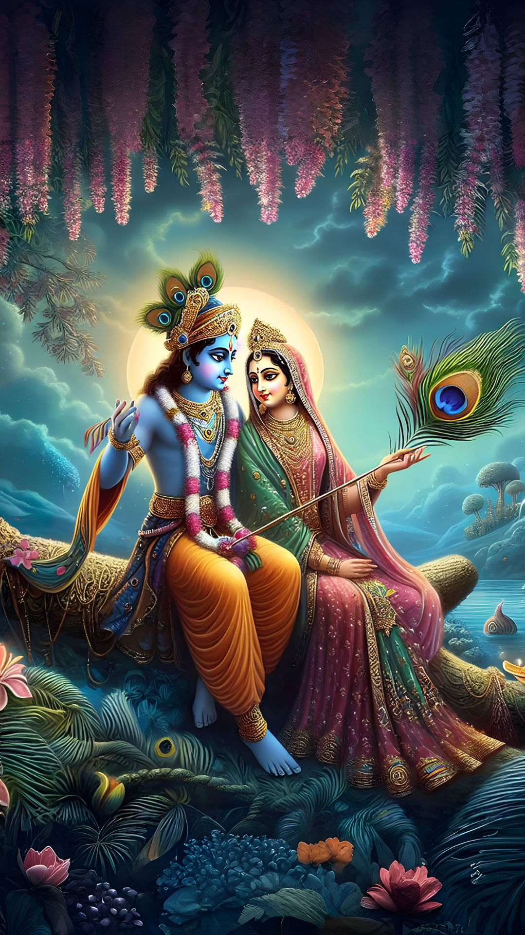 Krishna and Radha in a floral garden